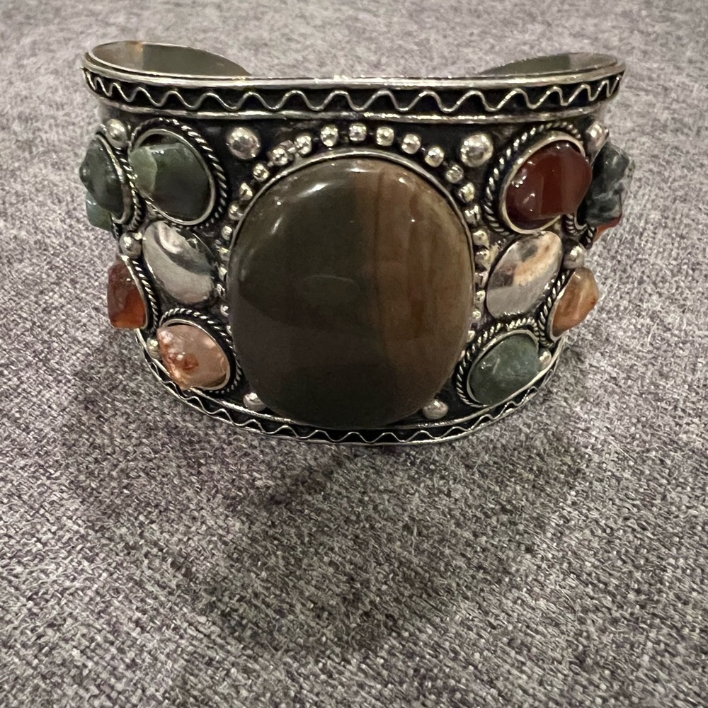 Beautiful Multi Colored Stone Silver Cuff Bracelet - image 3